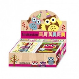 TARJETA INVITACION BUHOS 3D BRILLANTINA BOLSA 6und