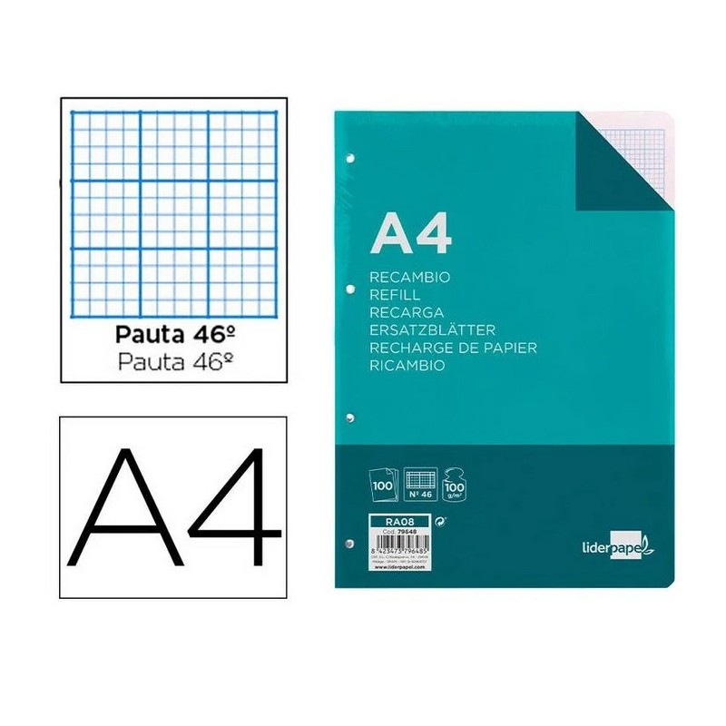 RECAMBIO LIDERPAPEL A4 100H 100GR N 46 4 TALADROS