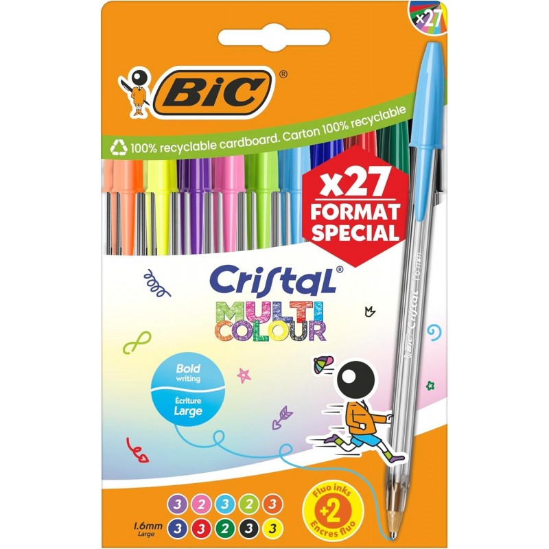 27 BOLIGRAFOS BIC CRISTAL MULTICOLOR