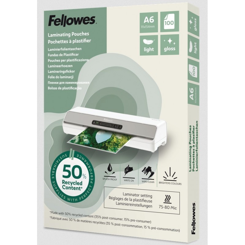 FUNDA PLASTIFICAR FELLOWES A6 80 MICRAS 50 RECICLA