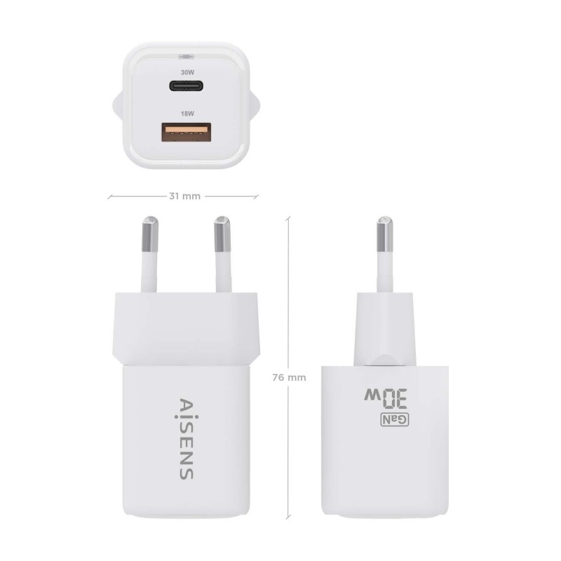 CARGADOR AISENS GAN 30W 1xUSB C 1xUSB BLANCO