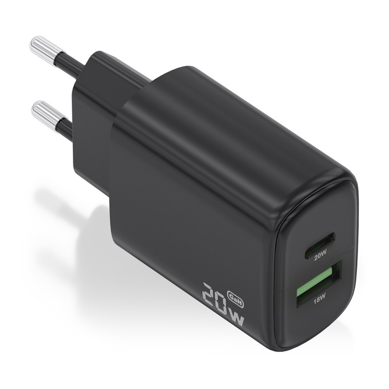 CARGADOR GAN ASISENS 1 USB C Y 1 USB 20W NEGRO