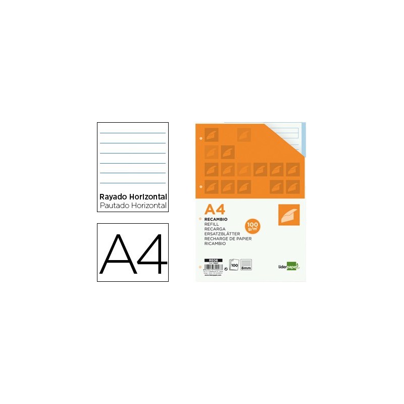 RECAMBIO LIDERPAPEL A4 100H 100G/M RAYADO HORIZ 4T