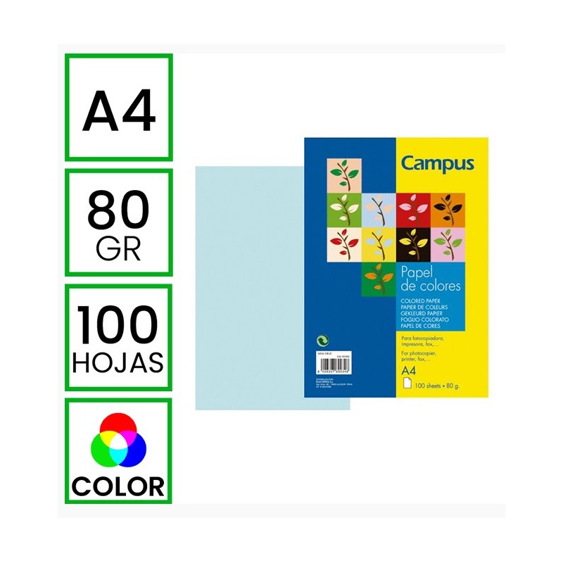 PAPEL CAMPUS A4 AZUL CIELO PASTEL 80GR/100H