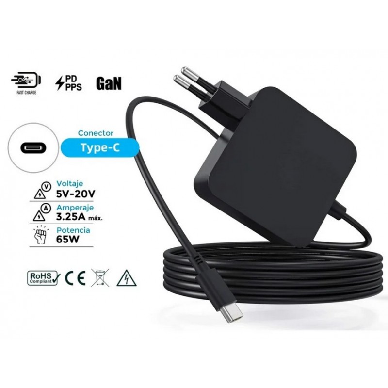 CARGADOR USB C 65W DIRECTO PARED GAN CARGA RAPIDA