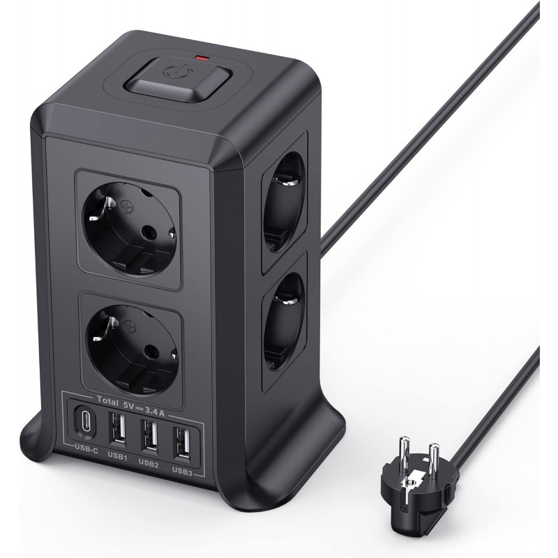 REGLETA 8 TOMAS AC 4 USB 2500W 10AMP CABLE 2MTS
