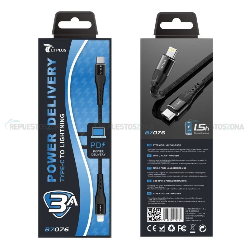 LT PLUS B7076 CABLE USB C PARA IPHONE 1MT 5A NEGRO