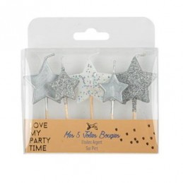 VELAS CUMPLEAÑOS ESTRELLAS GLITTER PLATA