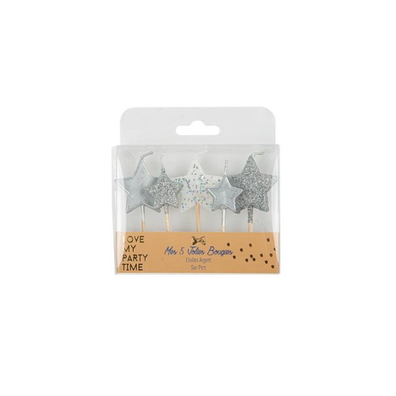 VELAS CUMPLEAÑOS ESTRELLAS GLITTER PLATA