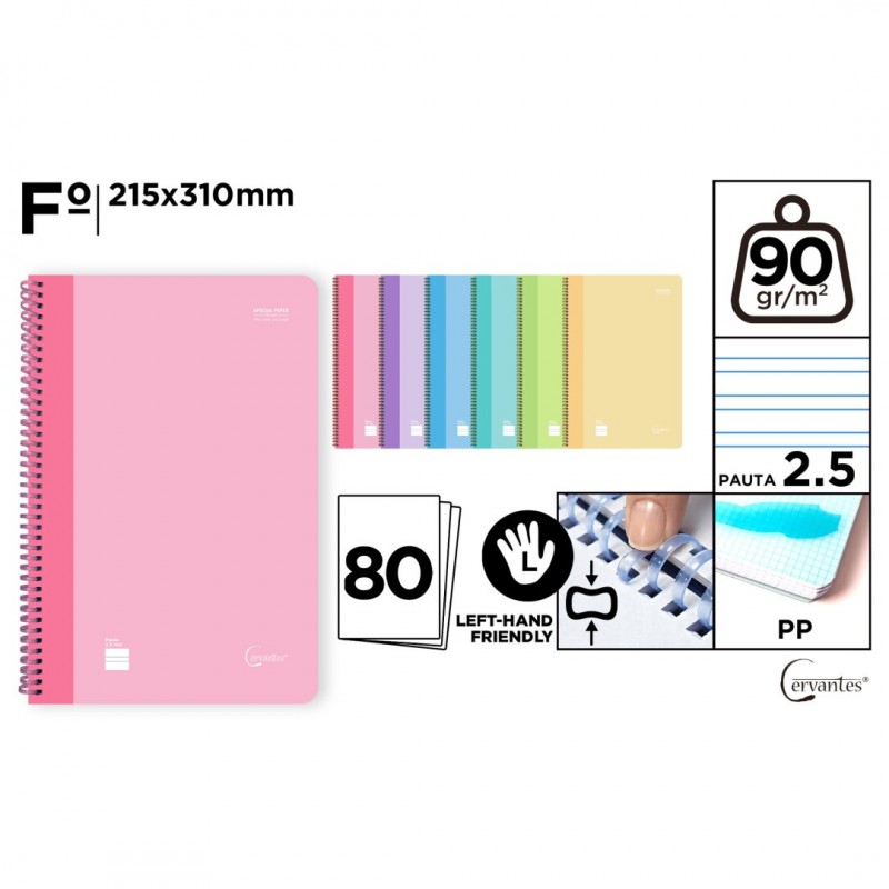 CUADERNO ESPIRAL BLANDA FOLIO P2.5 PASTEL 80