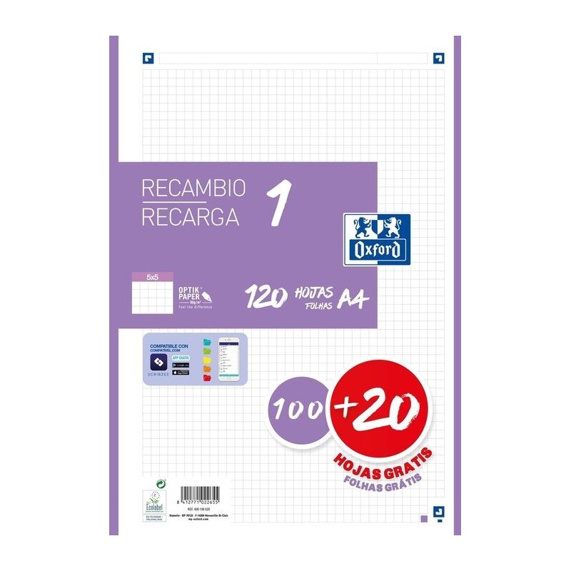 RECAMBIO 1 A4 OXFORD CUADRO 5x5 LILA 100 Y 20
