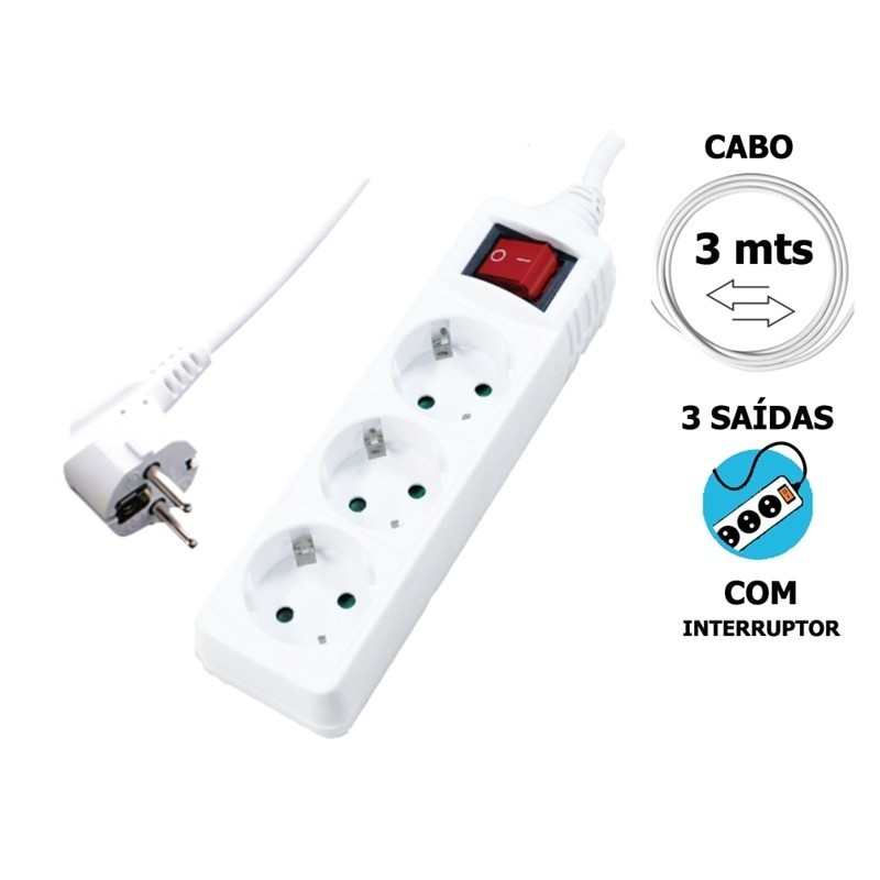 ALARGADERA 3 TOMAS 3MT DE CABLE CON INTERRUPTOR