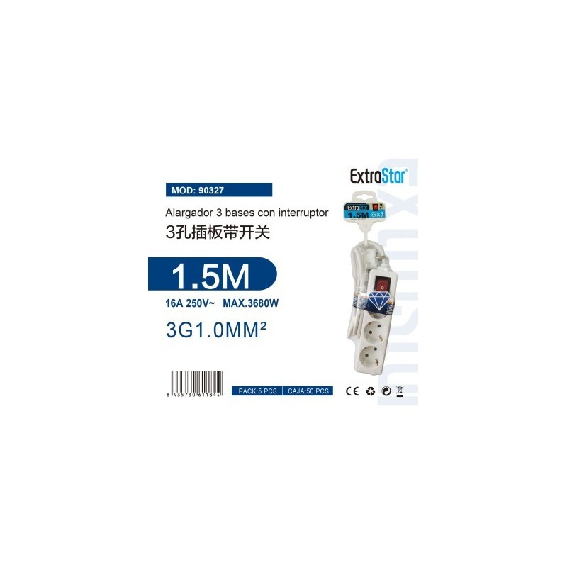 ALARGADERA 3 TOMAS 1.5m CABLE CON INTERRUPTOR