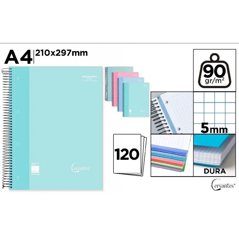 CUADERNO ESPIRAL TAPA FORRADA A4 5x5 120H 90GR