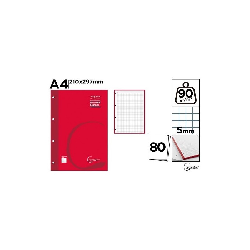 RECAMBIO A4 90GR/M2 80 HOJAS 4 TALADROS ROJO