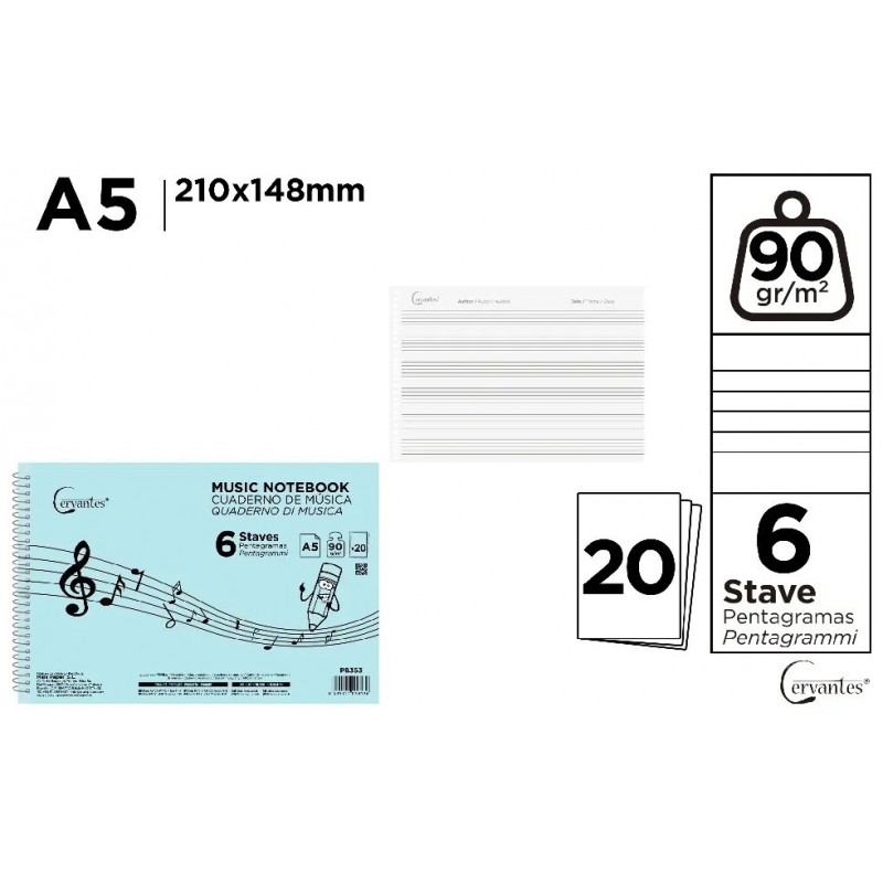 CUADERNO DE MUSICA 6 PENTAGRAMAS A5 CERVANTES