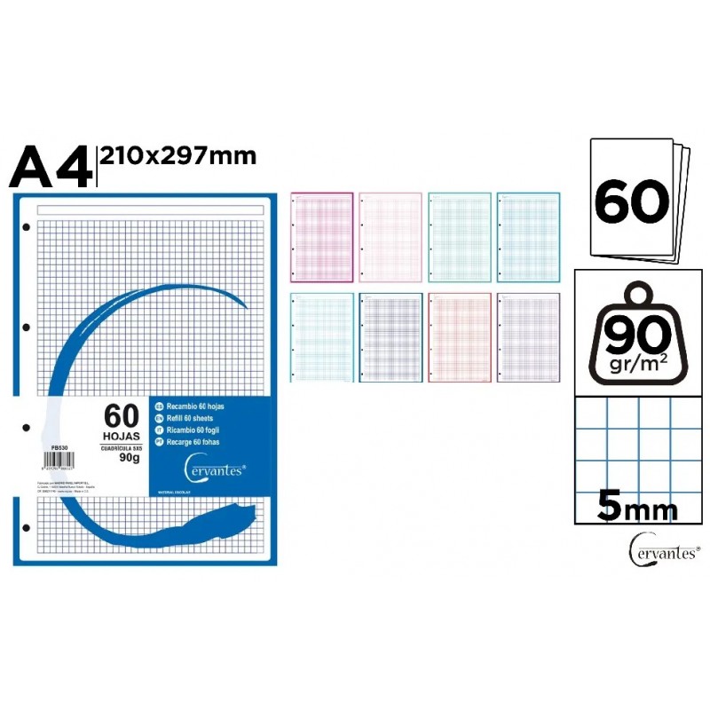 RECAMBIO A4 CUADRICULA 5X5 mm COLOR 90G/M2 60H