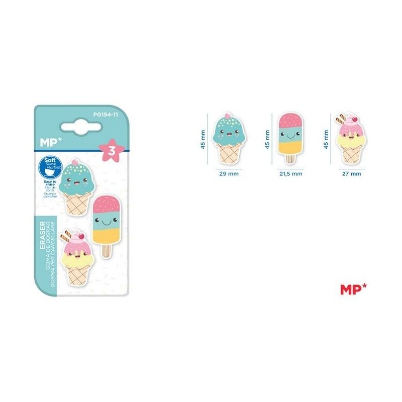 GOMA DE BORRAR CREATIVAS 3 UDS HELADOS