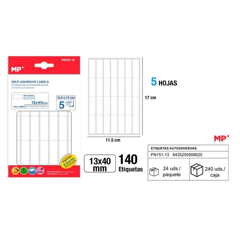 ETIQUETAS BLANCAS 13x40mm 140 uds 5 HOJAS