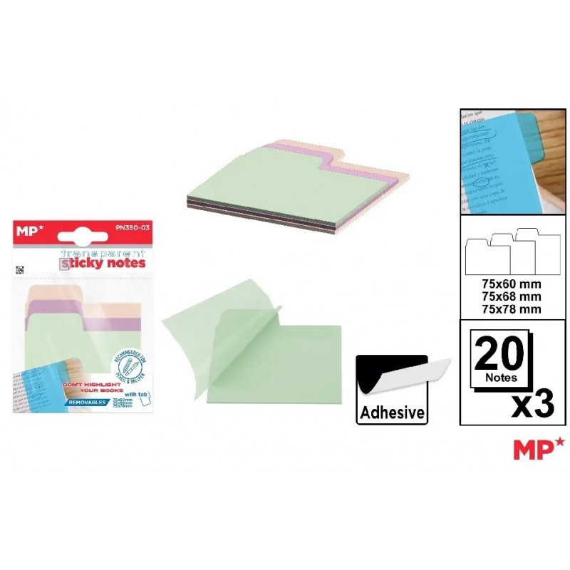 NOTAS ADHESIVAS TRANSPARENTES 75x60MM 20 FLUOR