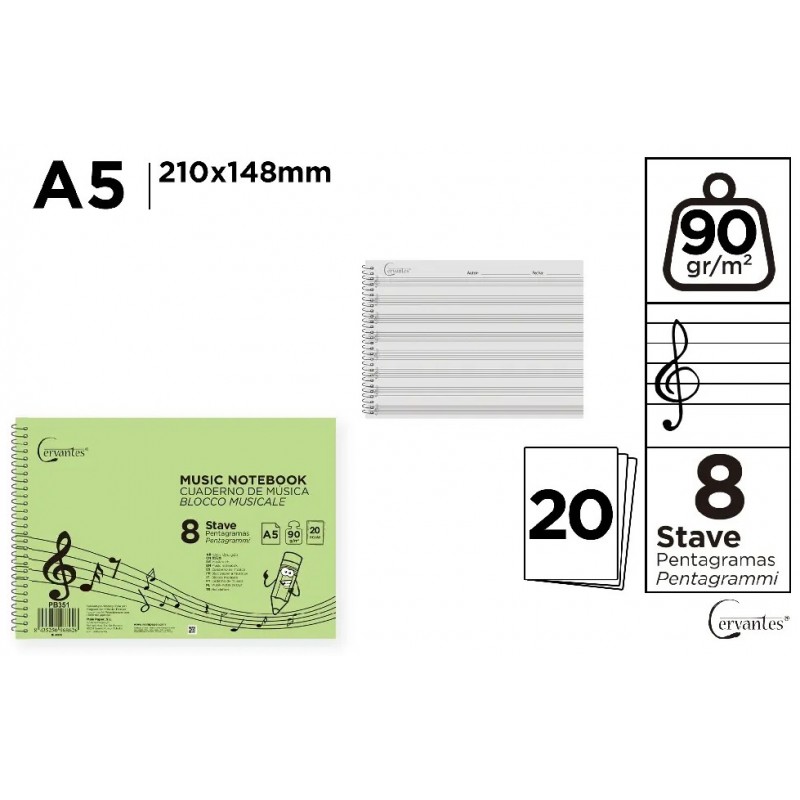 CUADERNO DE MUSICA 8 PENTAGRAMAS A5 CERVANTES
