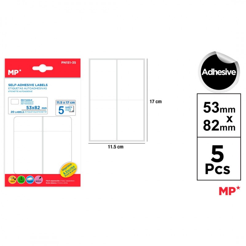 ETIQUETAS BLANCAS 53x82mm 20 uds 5 HOJAS