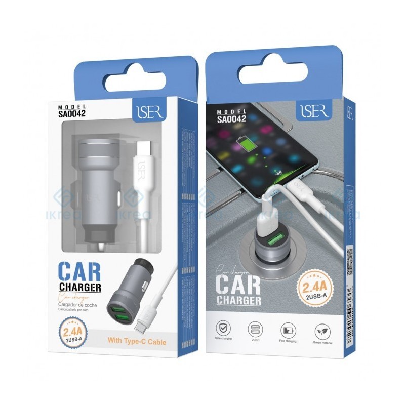 CARGADOR RAPIDO PARA COCHE ISER USB TIPO C + CABLE