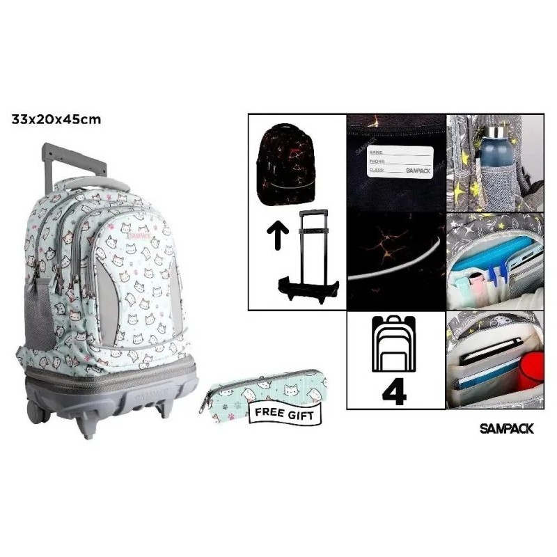 MOCHILA ESCOLAR CON CARRO Y RUEDAS GATITOS