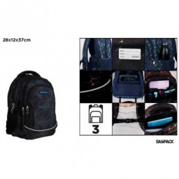 MOCHILA ESCOLAR SAMPACK NEGRA Y AZUL 3 CREMALLERAS