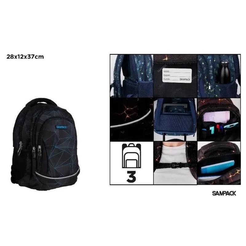 MOCHILA ESCOLAR SAMPACK NEGRA Y AZUL 3 CREMALLERAS