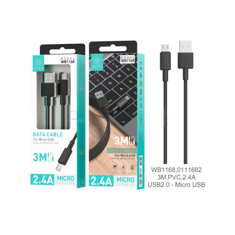 CABLE DE DATOS MICRO USB 2.4A 3MT NEGRO WB1168