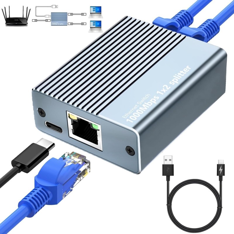 SWITCH ETHERNET 1 A 2 PUERTOS RJ45 SPLITTER GIGABI