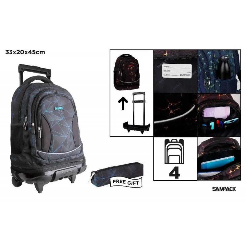 MOCHILA ESCOLAR CON CARRO Y RUEDAS NEGRA Y AZUL