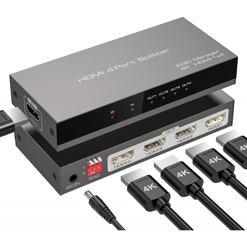 SPLITTER HDMI 1 IN 4 OUT 4K GESTION EDID + CABLE