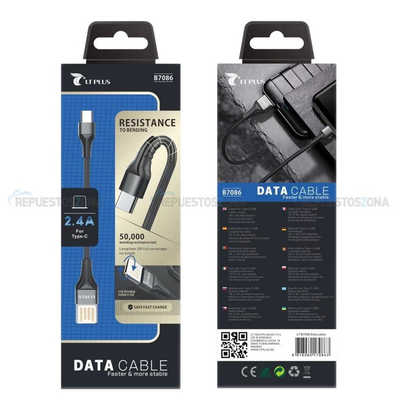 LT PLUS B7086 CABLE TIPO C 2.4A 1MT NEGRO A USB