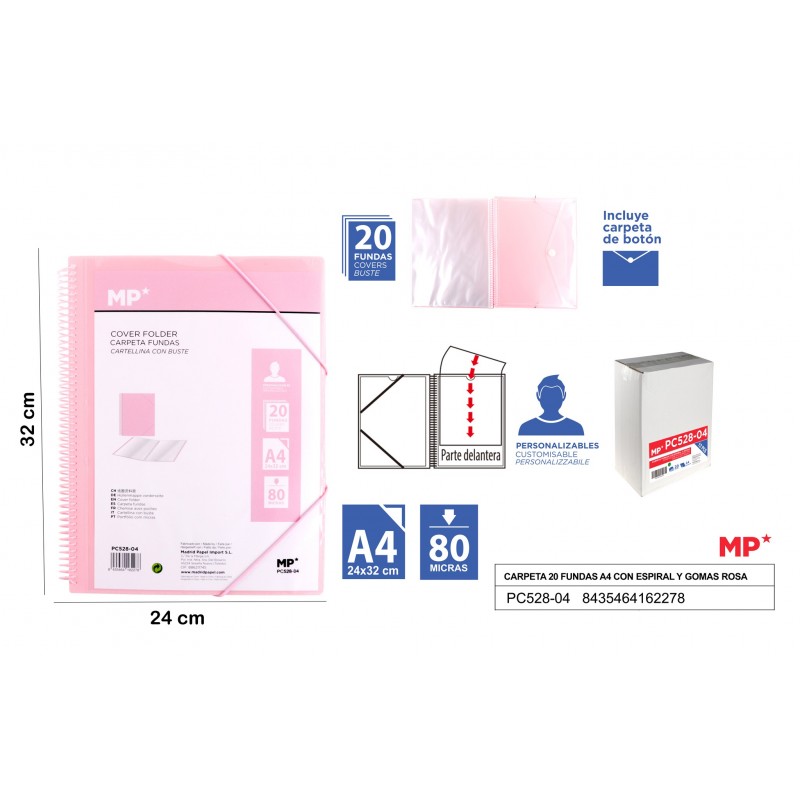 CARPETA 20 FUNDAS A4 CON ESPIRAL Y GOMAS