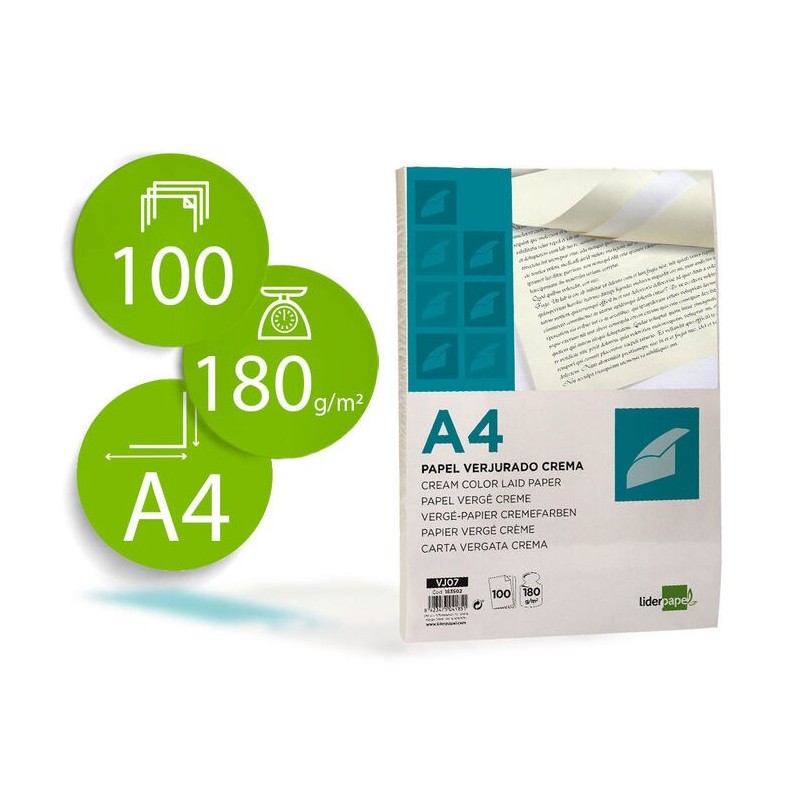 PEPEL VERJURADO LIDERPAPEL A4 180GR M2 CREMA 100 H