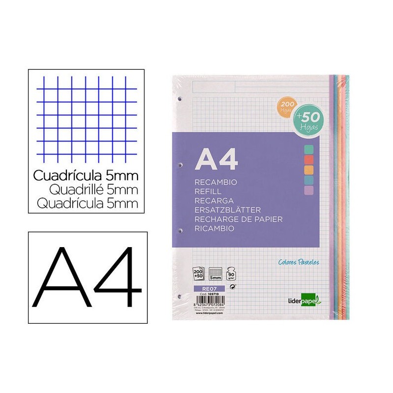 RECAMBIO LIDERPAPEL A4 200+50H 90G 5MM 5COLORES