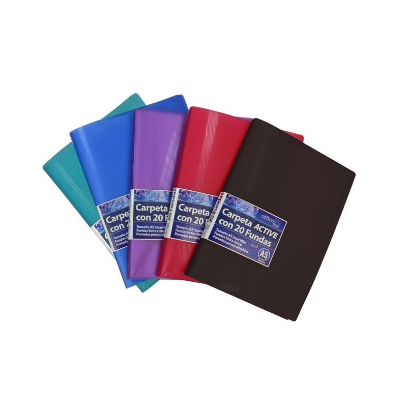 CARPETA DE 20 FUNDAS A5 ROJA VERDE NEGRO MORADO