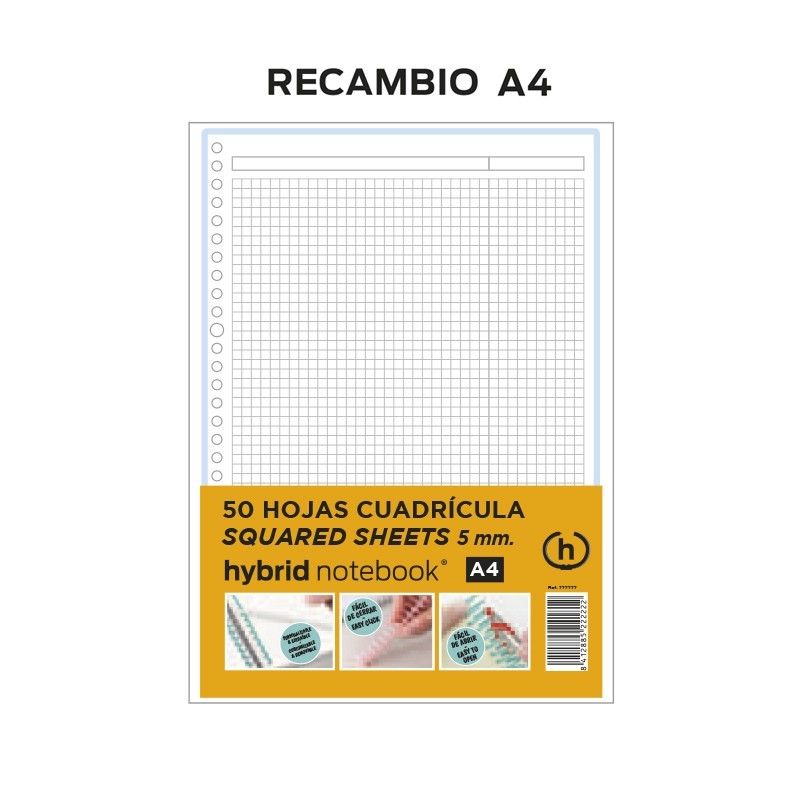 RECAMBIO HYBRID 50H A4 80GRS TIRA AZUL CUADRICULA