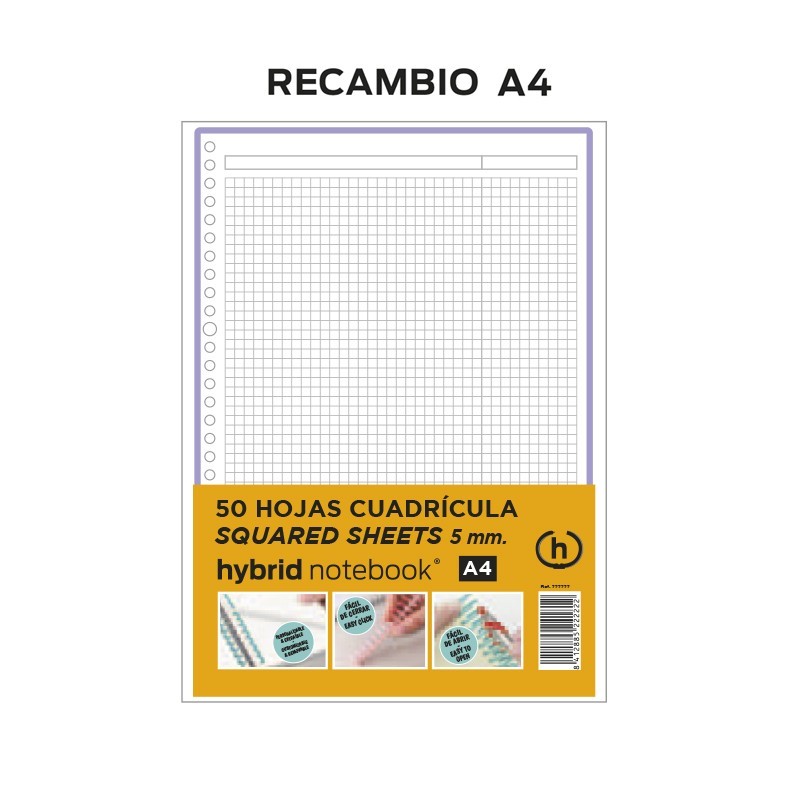 RECAMBIO HYBRID 50H A4 80GRS TIRA LILA CUADRICULA