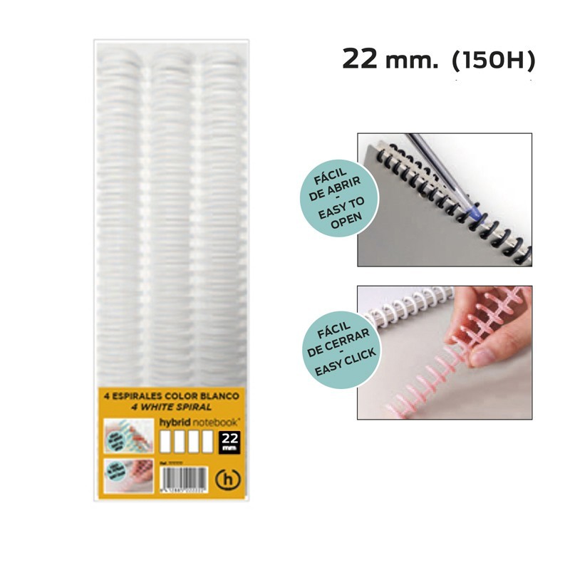 PACK 4 ESPIRALES HYBRID A4 22MM BLANCO
