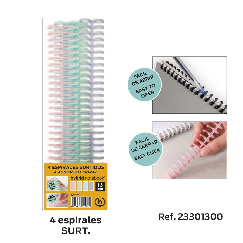 PACK 4 ESPIRALES HYBRID A4 13MM SURTIDO