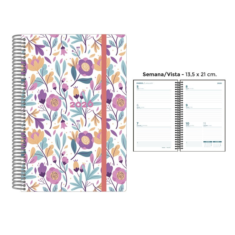 AGENDA ESPIRAL PP 13.5x21 SV PURPLE FLOWERS