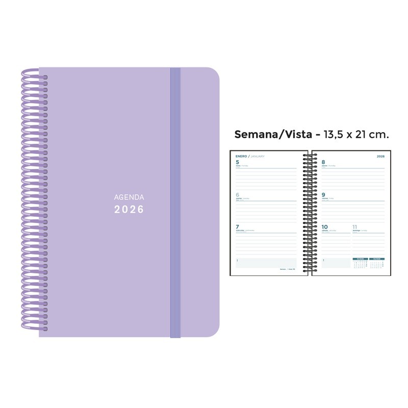 AGENDA ESPIRAL PP PASTEL GOMA LISA LILA