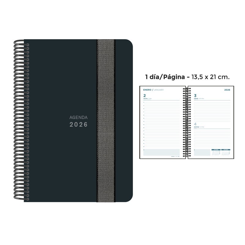 AGENDA ESPIRAL PP DP GOMA NEGRO 13.5x21.5 CM
