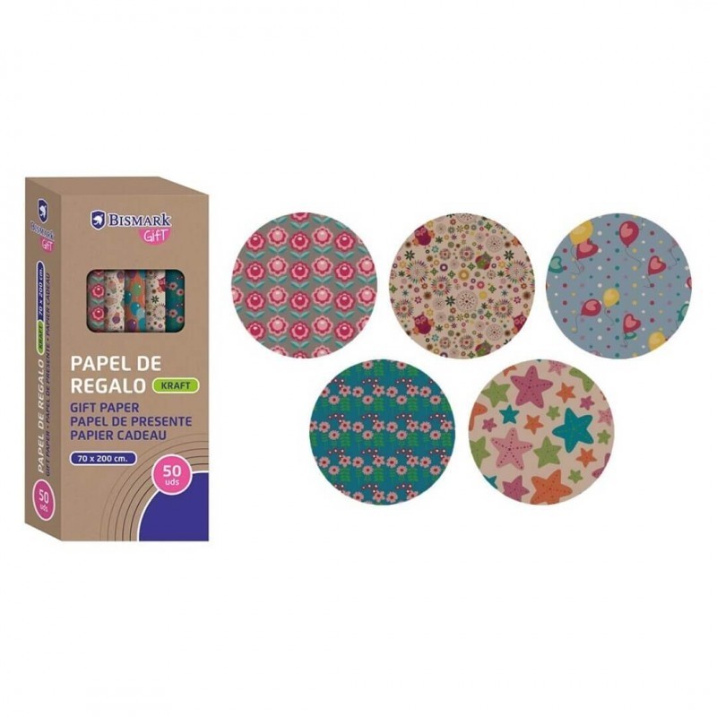 ROLLO PAPEL DE REGALO KRAFT FLORES 70x200 CM