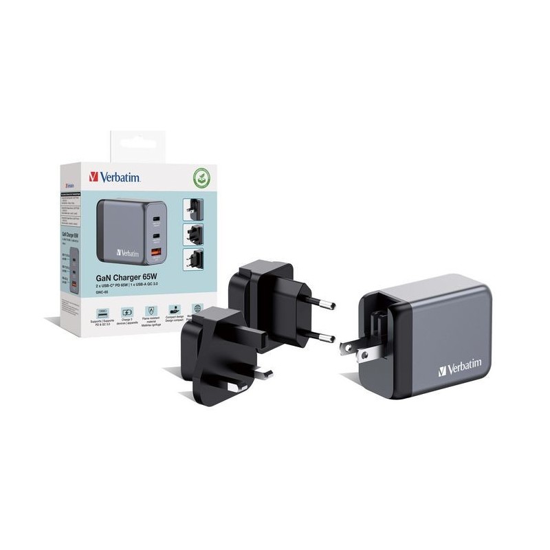 CARGADOR GAN VERBAATIM 2xUSB C 1xUSB 65W