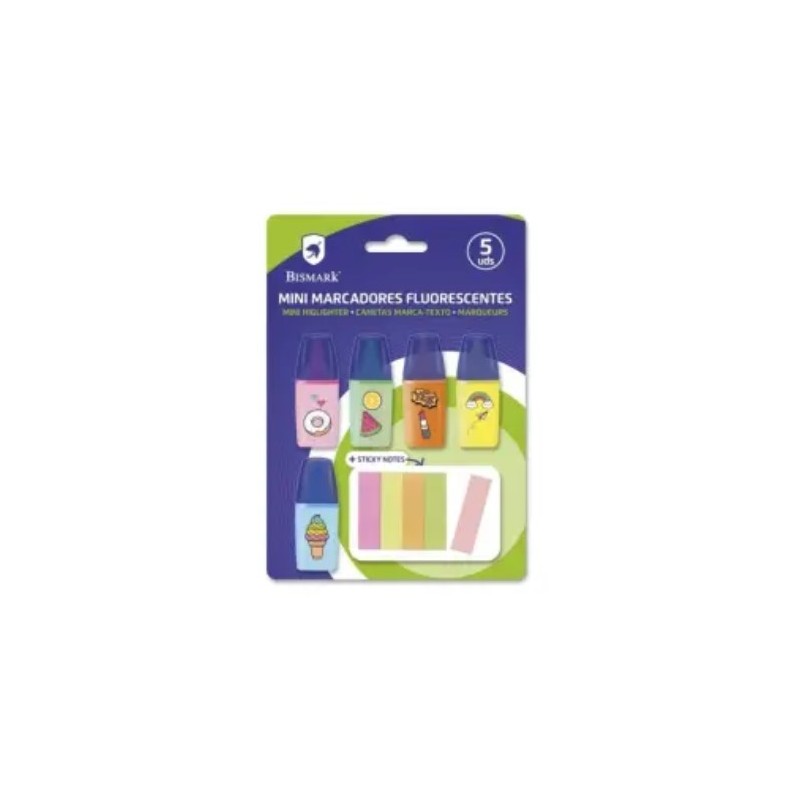 SET 5 MARCADORES FLUORESCENTES CON DISEÑO+NOTAS