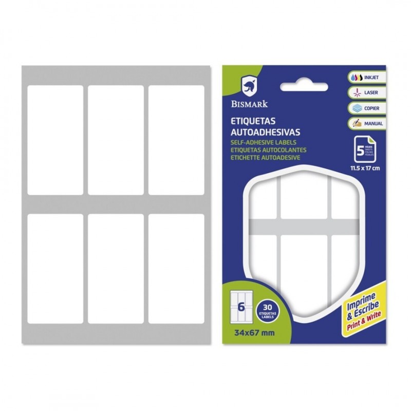 ETIQUETAS ADHESIVAS BLANCAS 34x67mm 5 HOJAS
